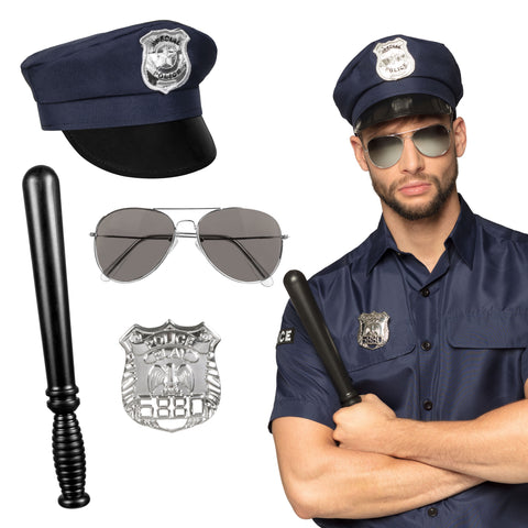 Poliisi asustesetti; hattu,lasit,pamppu ja virkamerkki