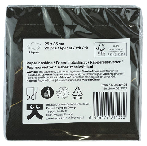 Pieni lautasliina Happy Birthday musta 25 x 25 cm 20 kplt/pkt