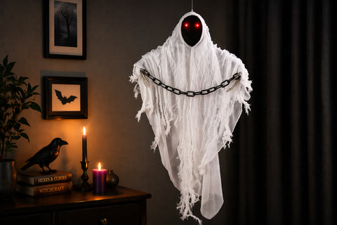 Ripustettava valkoinen aave LED-valolla 62 cm