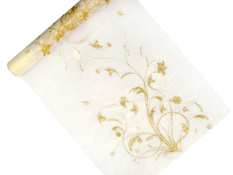 Organza valkoinen kultakuviolla 900 x 36 cm