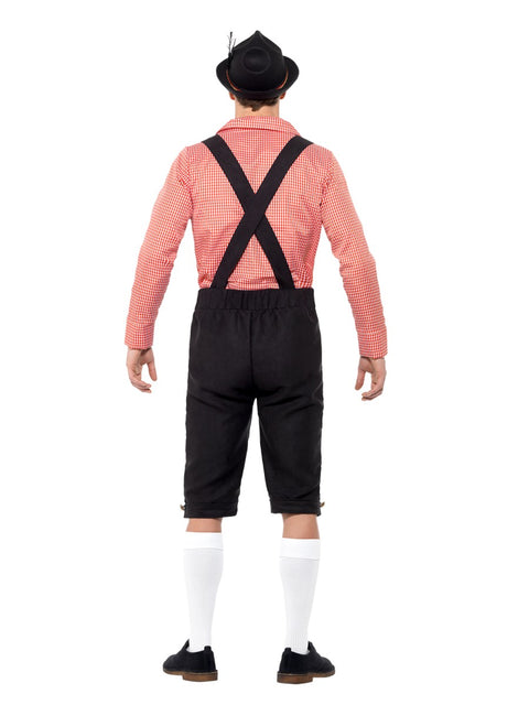 Tirolilaishousut punaisella paidalla aikuisten naamiaisasu