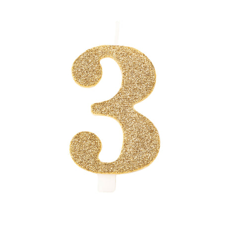 Numerokynttilä 3 kullanvärinen bio-kimalle 9,5 cm