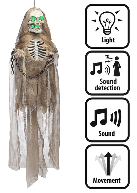 Ripustettava luurankokoriste 180 cm äänellä, valolla ja liikkeellä