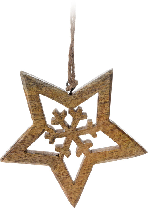 Tähti ja lumihiutale puinen ripustettava joulukoriste 15cm