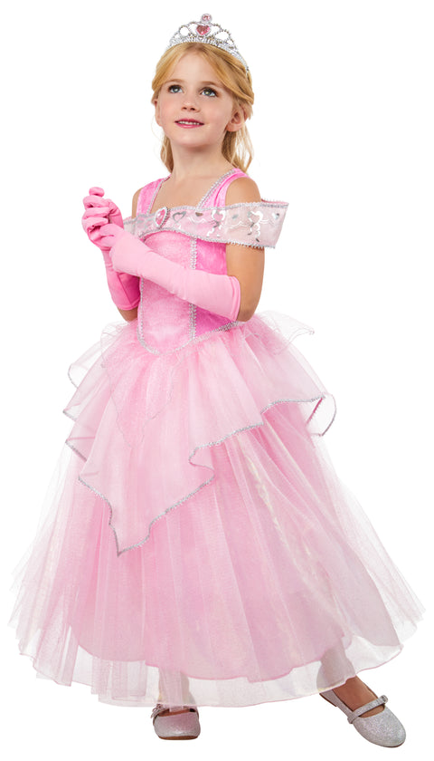 Prinsessa-asu pinkki tiaralla ja hanskoilla