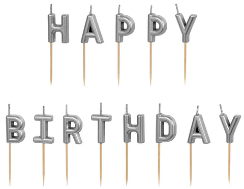 Kakkukynttilät Happy Birthday hopeanvärinen 2,5 cm