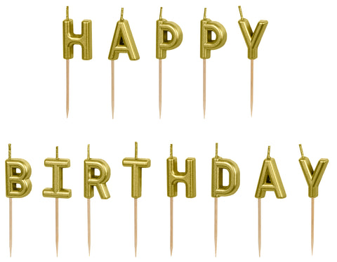 Kakkukynttilät Happy Birthday kullanvärinen 2,5 cm
