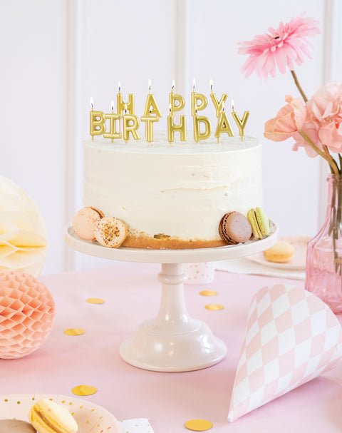 Kakkukynttilät Happy Birthday kullanvärinen 2,5 cm