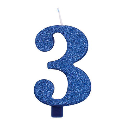 Numerokynttilä 3 sininen kimalle 9.5 cm