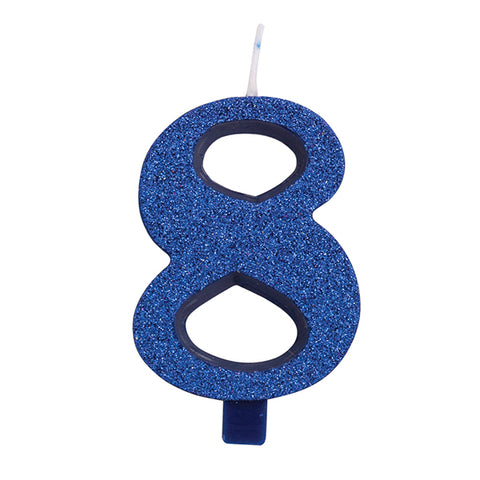 Numerokynttilä 8 sininen kimalle 9.5 cm