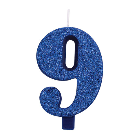 Numerokynttilä 9 sininen kimalle 9.5 cm
